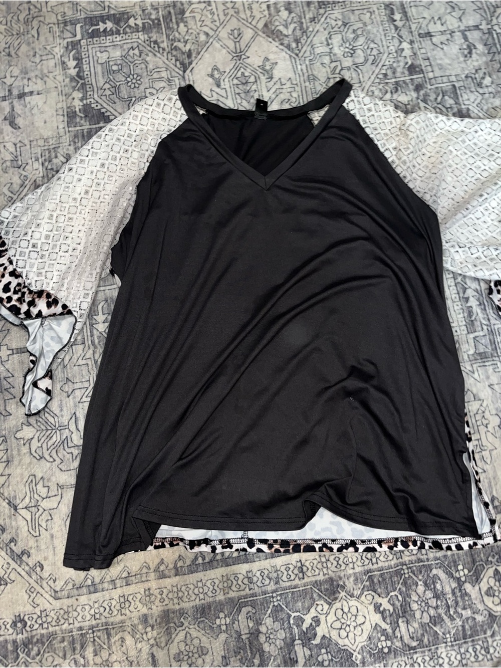 Black V-Neck Women's Top with White Lace Sleeves